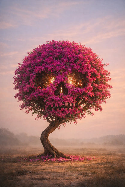 Surreal fine-art trees shaped like skull silhouettes in cinematic pastel landscape with dreamlike lighting