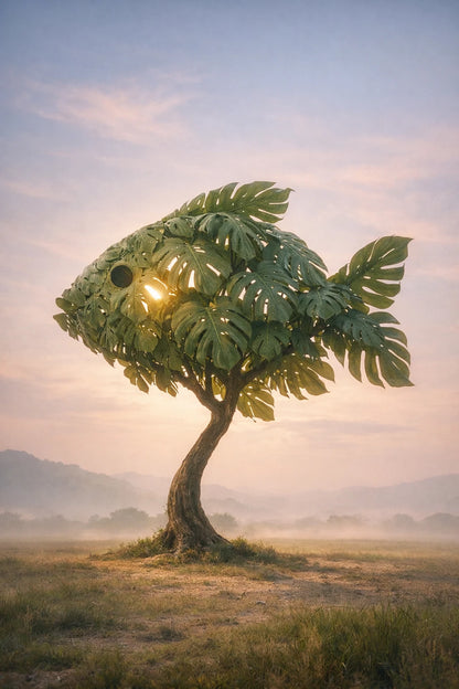 Surreal fine-art trees shaped like tropical fish silhouettes in cinematic pastel landscape with dreamlike lighting