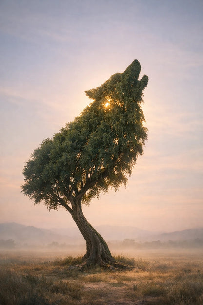 Surreal fine-art trees shaped like wolf silhouettes in cinematic pastel landscape with dreamlike lighting