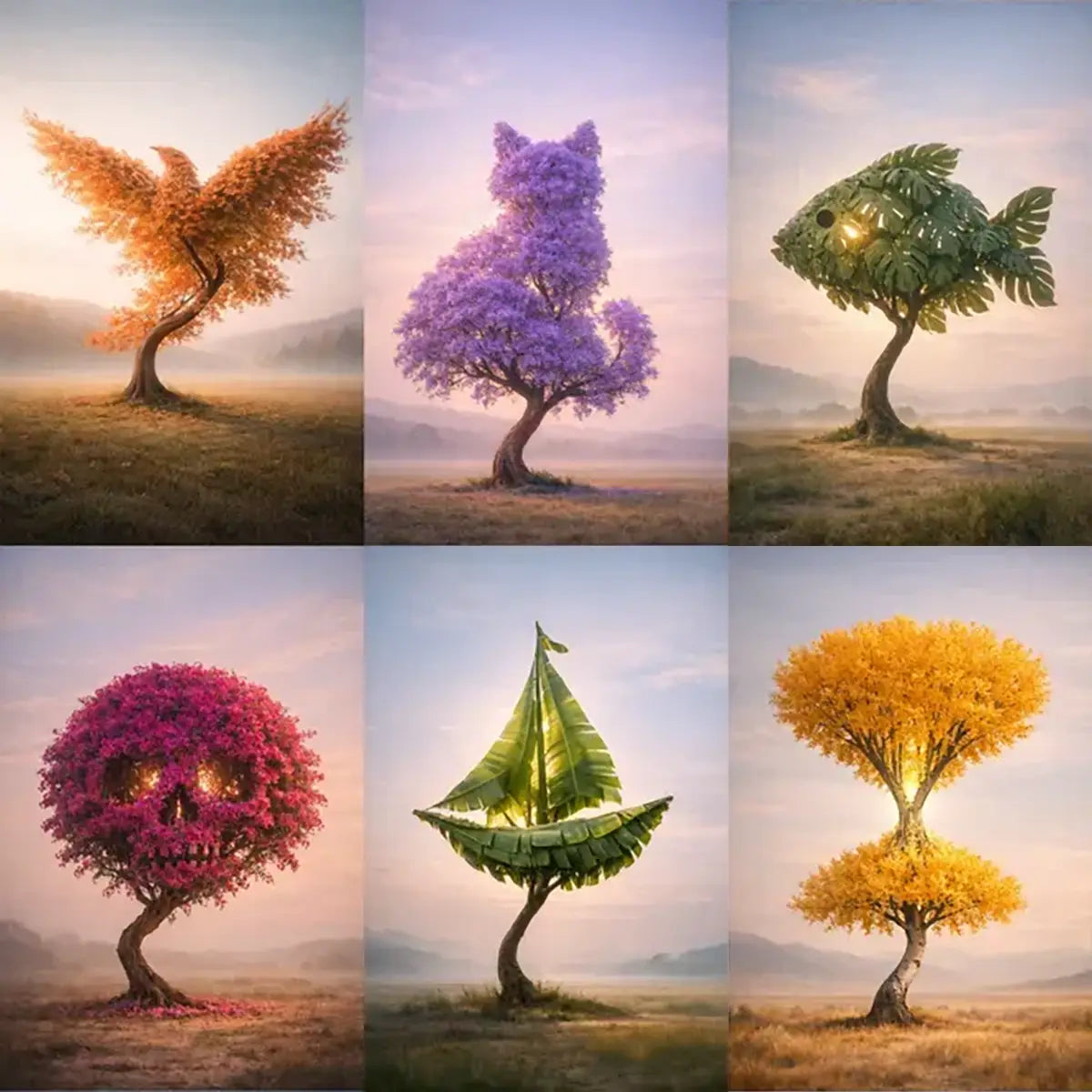 Surreal fine-art trees shaped like symbolic silhouettes in cinematic pastel landscapes with dreamlike lighting