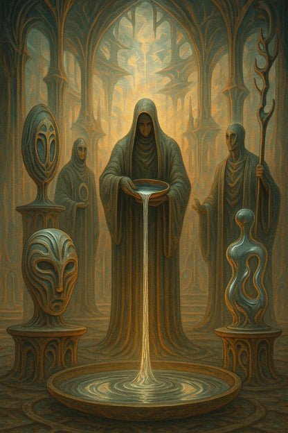 Example output from the Synthetic Myth Engine Scenes ChatGPT prompt: surreal temple-like environments. Preview 5.
