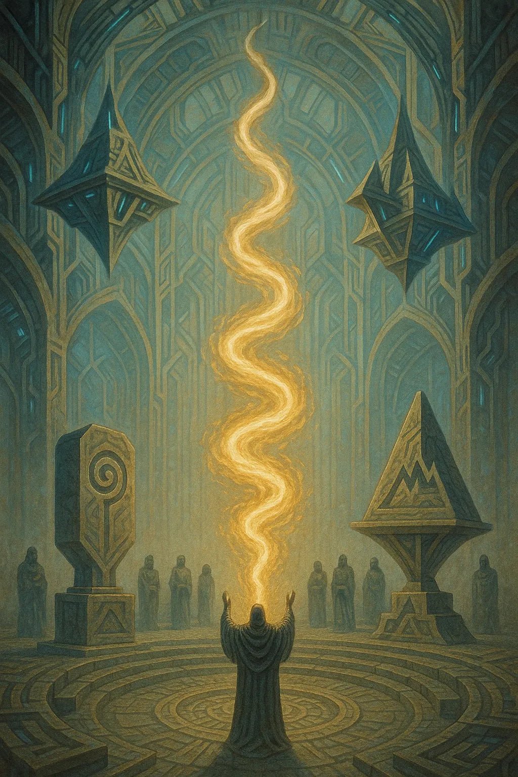 Example output from the Synthetic Myth Engine Scenes ChatGPT prompt: surreal temple-like environments. Preview 8.