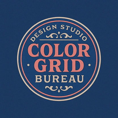 Example output from the Text Only Seal Logos ChatGPT prompt: elegant circular vintage logos with serif typography, custom 3-color palettes, and ornamental borders, designed in minimalist 1:1 layouts. Color Grid Bureau.