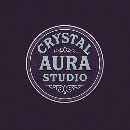 Example output from the Text Only Seal Logos ChatGPT prompt: elegant circular vintage logos with serif typography, custom 3-color palettes, and ornamental borders, designed in minimalist 1:1 layouts. Crystal Aura Studio.