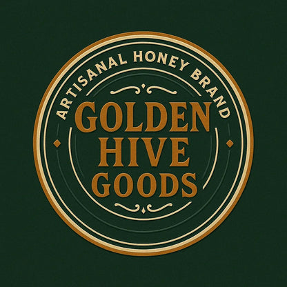 Example output from the Text Only Seal Logos ChatGPT prompt: elegant circular vintage logos with serif typography, custom 3-color palettes, and ornamental borders, designed in minimalist 1:1 layouts. Golden Hive Goods.