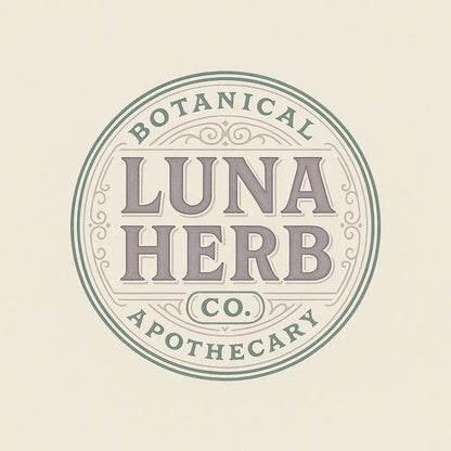 Example output from the Text Only Seal Logos ChatGPT prompt: elegant circular vintage logos with serif typography, custom 3-color palettes, and ornamental borders, designed in minimalist 1:1 layouts. Luna Herb.