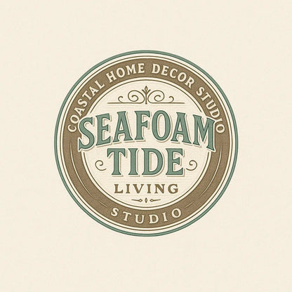 Example output from the Text Only Seal Logos ChatGPT prompt: elegant circular vintage logos with serif typography, custom 3-color palettes, and ornamental borders, designed in minimalist 1:1 layouts. Seafoam Tide.