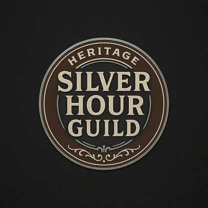 Example output from the Text Only Seal Logos ChatGPT prompt: elegant circular vintage logos with serif typography, custom 3-color palettes, and ornamental borders, designed in minimalist 1:1 layouts. Silver Hour Guild.
