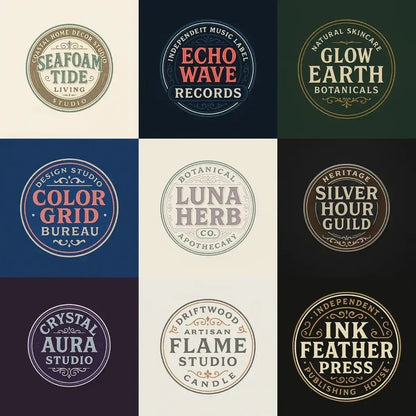 Example output from the Text Only Seal Logos ChatGPT prompt: elegant circular vintage logos with serif typography, custom 3-color palettes, and ornamental borders, designed in minimalist 1:1 layouts.