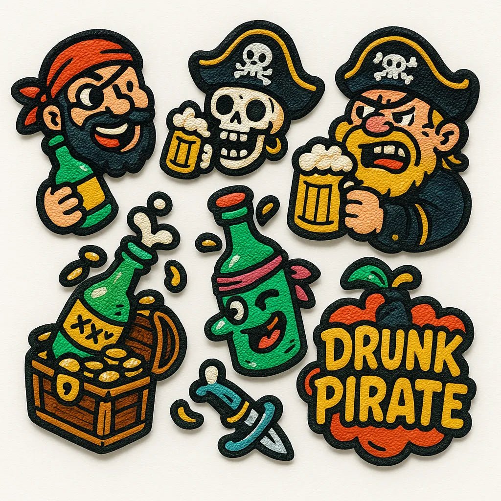 Example output from the Themed Embroidery Patch Collection ChatGPT prompt: Drunk Pirate