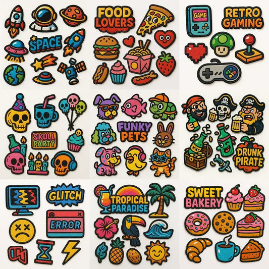 Example output from the Themed Embroidery Patch Collection ChatGPT prompt: cartoon-style embroidered patches with bright bold colors, playful street-art vibe, and textured embroidery details across themes like space, food, gaming, pets, pirates, tropical, and bakery.