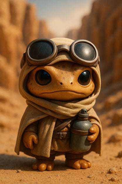 Example output from the Themed Vinyl 3D Character Toy Portrait ChatGPT prompt: lifelike vinyl-style chibi figures posed with character-themed props and backgrounds. Desert nomad lizard.