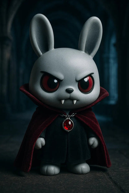 Example output from the Themed Vinyl 3D Character Toy Portrait ChatGPT prompt: lifelike vinyl-style chibi figures posed with character-themed props and backgrounds. Vampire Bunny.