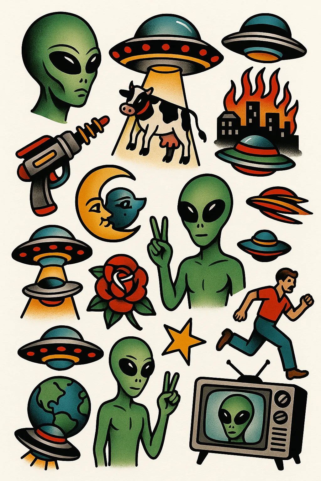 Example output from the Timeless Tattoo Flash Sheet ChatGPT prompt: Alien Invasion