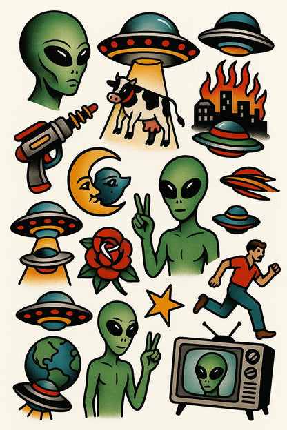 Example output from the Timeless Tattoo Flash Sheet ChatGPT prompt: Alien Invasion