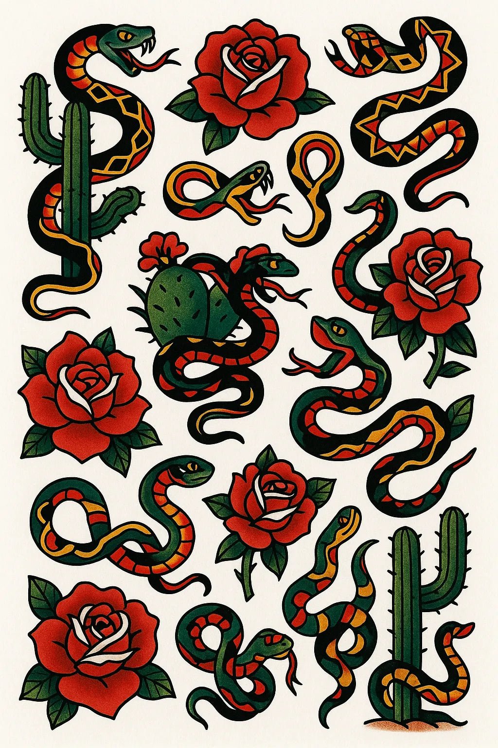 Example output from the Timeless Tattoo Flash Sheet ChatGPT prompt: Cactus Rose and Snakes