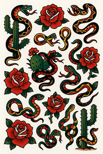 Example output from the Timeless Tattoo Flash Sheet ChatGPT prompt: Cactus Rose and Snakes