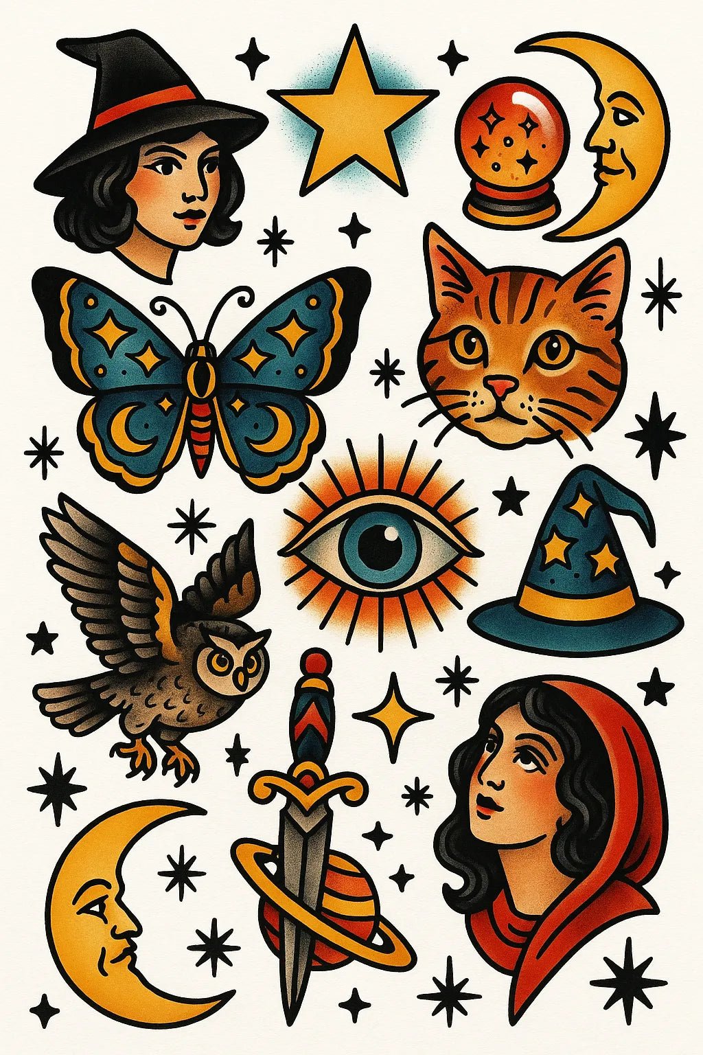 Example output from the Timeless Tattoo Flash Sheet ChatGPT prompt: Cosmic Magic