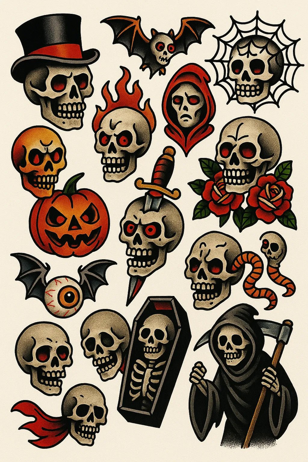 Example output from the Timeless Tattoo Flash Sheet ChatGPT prompt: Creepy Skulls