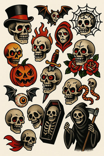 Example output from the Timeless Tattoo Flash Sheet ChatGPT prompt: Creepy Skulls