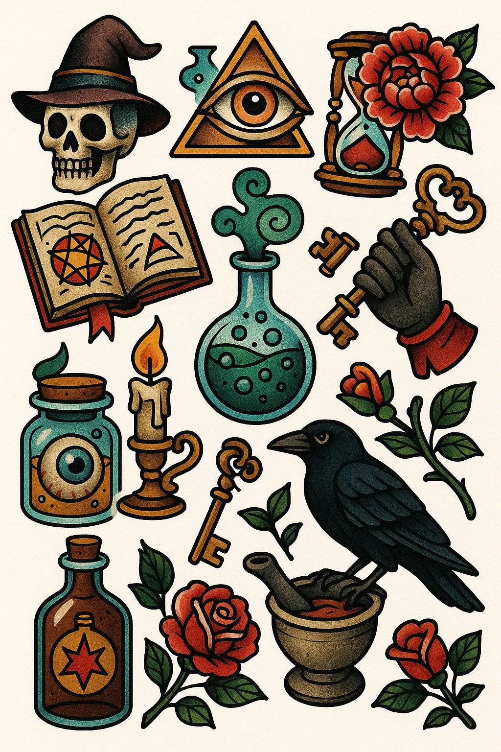 Example output from the Timeless Tattoo Flash Sheet ChatGPT prompt: Forgotten Alchemy