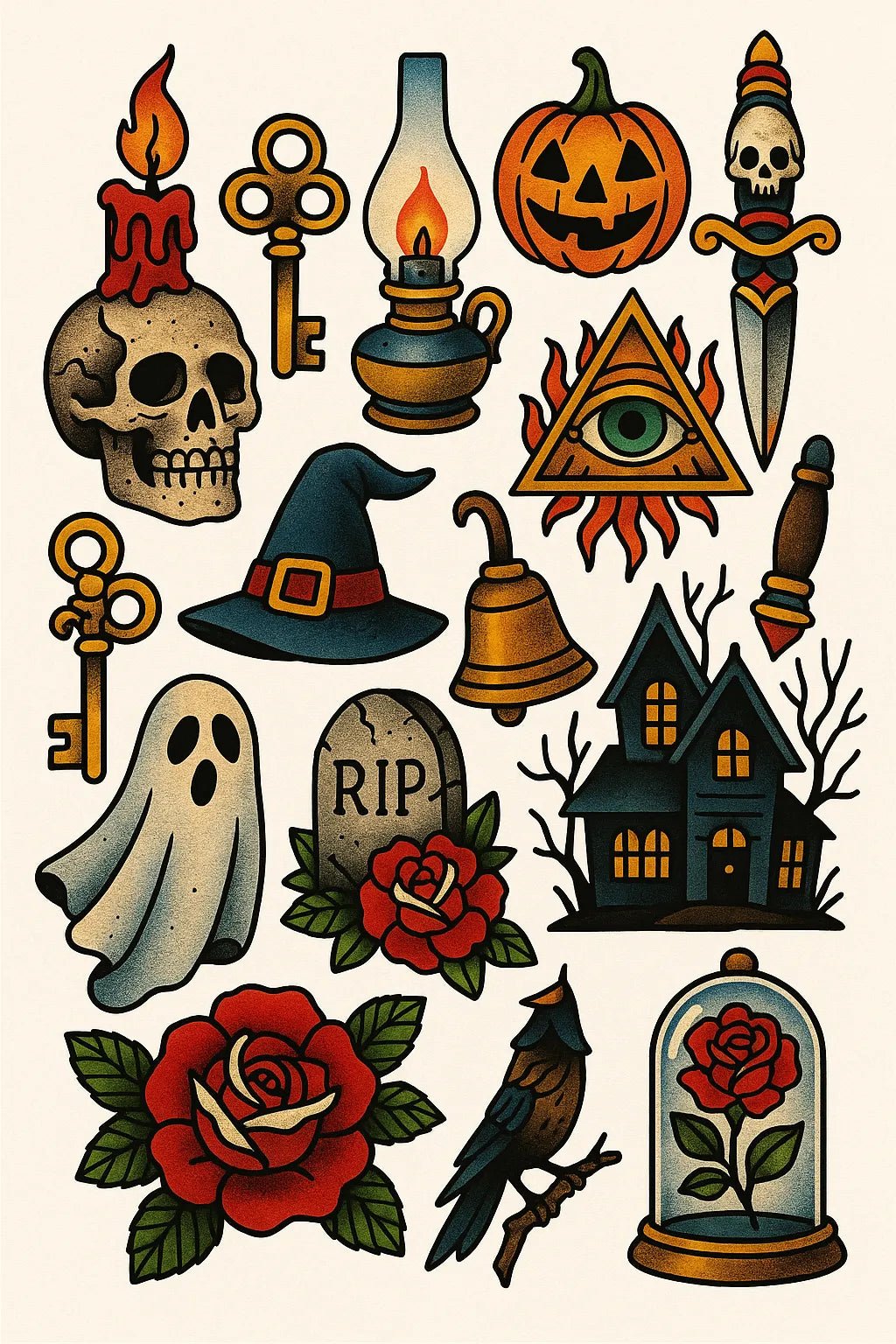 Example output from the Timeless Tattoo Flash Sheet ChatGPT prompt: Haunted Relics