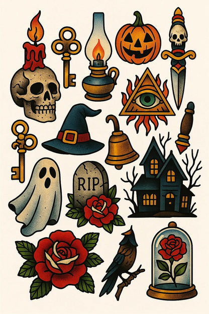 Example output from the Timeless Tattoo Flash Sheet ChatGPT prompt: Haunted Relics
