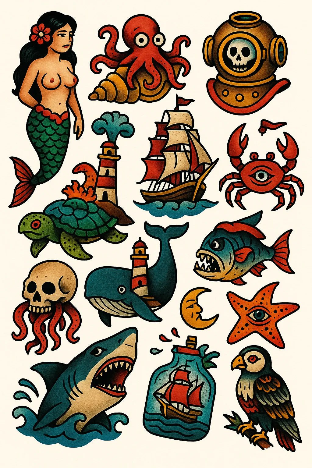 Example output from the Timeless Tattoo Flash Sheet ChatGPT prompt: Ocean Creatures
