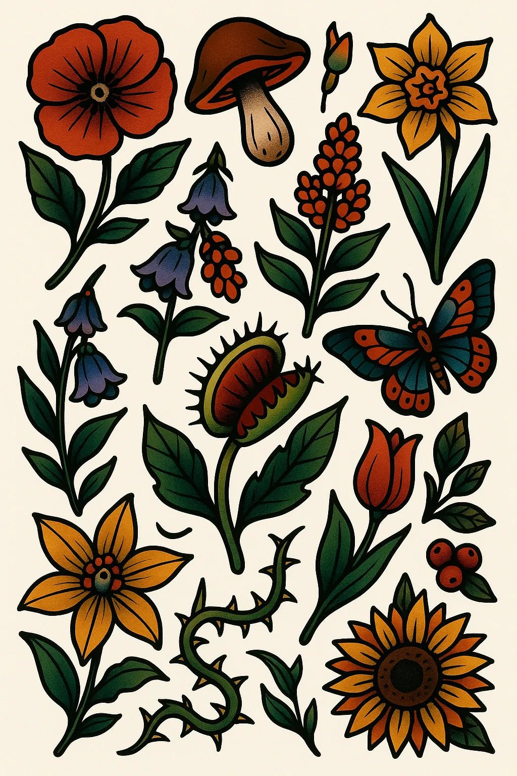 Example output from the Timeless Tattoo Flash Sheet ChatGPT prompt: Wild Botanicals