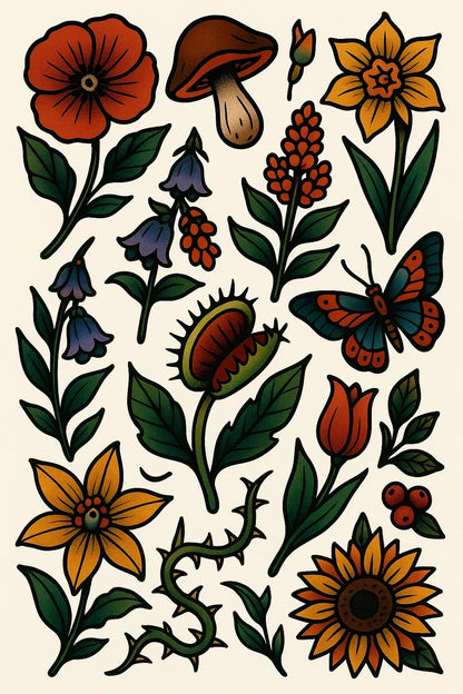 Example output from the Timeless Tattoo Flash Sheet ChatGPT prompt: Wild Botanicals