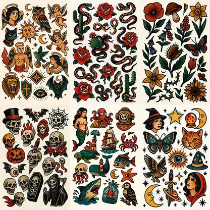 Example output from the Timeless Tattoo Flash Sheet ChatGPT prompt: bold American Traditional and Neo-Traditional tattoo designs with crisp outlines, saturated colors, and sticker-like motifs including skulls, roses, animals, mythic symbols, and nautical themes.