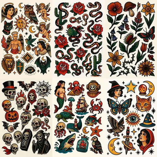 Example output from the Timeless Tattoo Flash Sheet ChatGPT prompt: bold American Traditional and Neo-Traditional tattoo designs with crisp outlines, saturated colors, and sticker-like motifs including skulls, roses, animals, mythic symbols, and nautical themes.