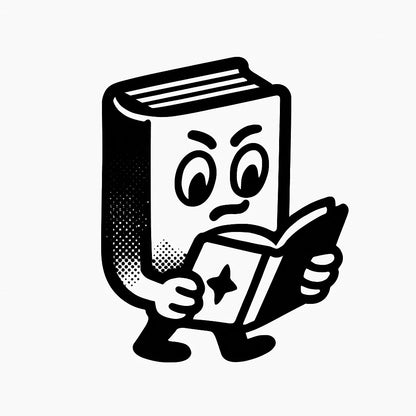 Example output from the Tiny Mascots With Action ChatGPT prompt: expressive black-and-white vector mascot: Book reading.