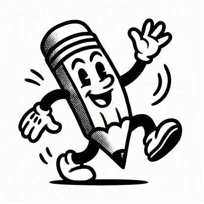 Example output from the Tiny Mascots With Action ChatGPT prompt: expressive black-and-white vector mascot: Happy Pencil.