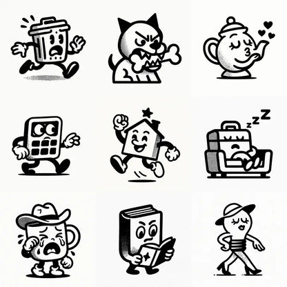 Example output from the Tiny Mascots With Action ChatGPT prompt: expressive black-and-white vector mascots with bold lines, halftone textures, and strong poses—perfect for collectibles, branding, or stickers.