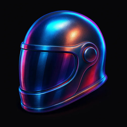 Example output of translucent grainy chrome 3D icons generated by a ChatGPT prompt template. Helmet.