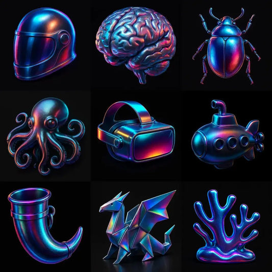 Example output of translucent grainy chrome 3D icons generated by a ChatGPT prompt template, showcasing slightly angled iridescent chrome surfaces with subtle grain noise and faint translucency on a sleek black square canvas.