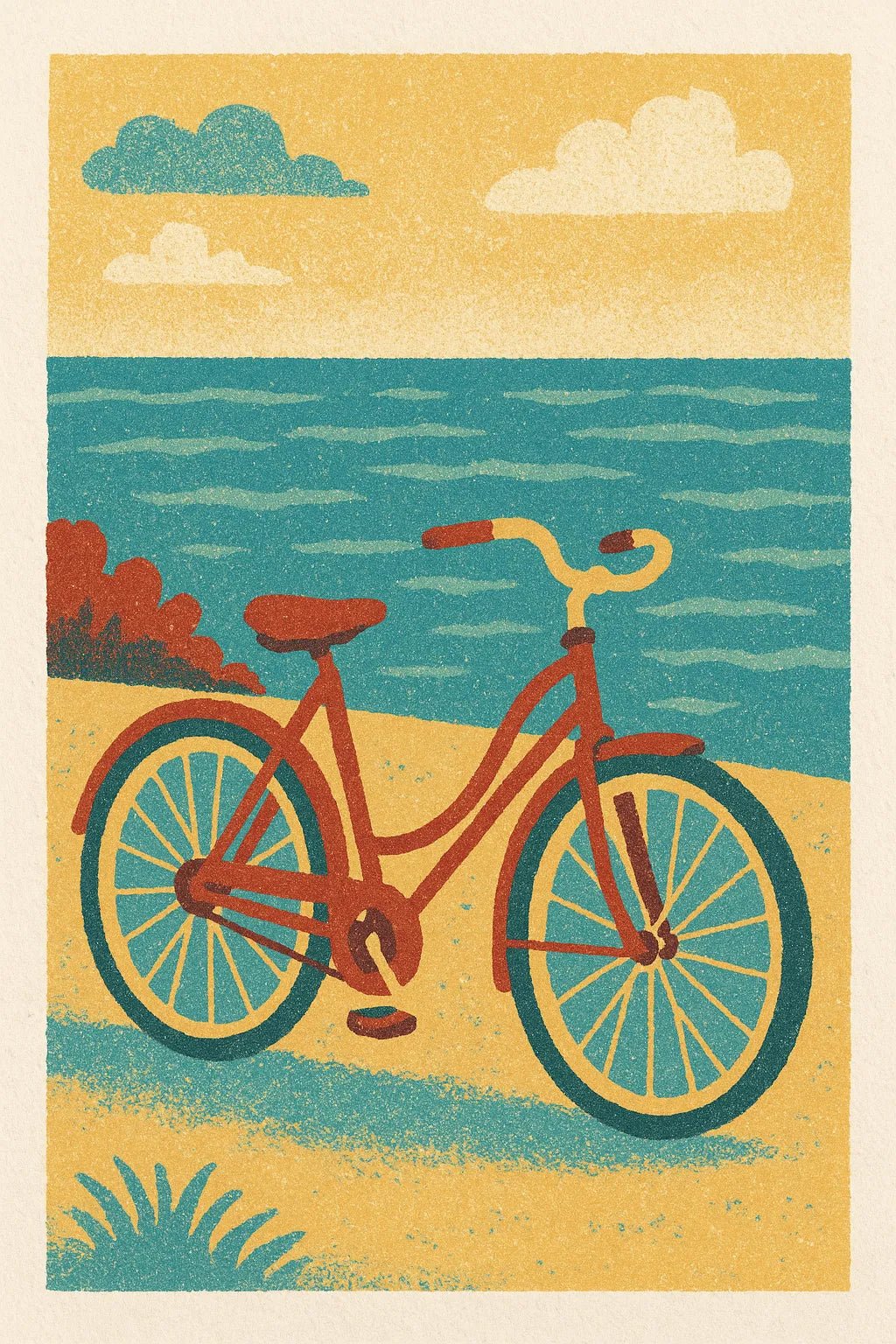 Example output from the Triadic Risograph Full Scenes ChatGPT prompt: Bicycle