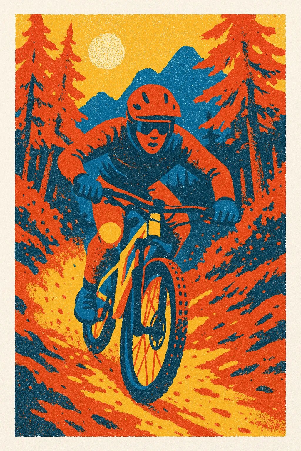 Example output from the Triadic Risograph Full Scenes ChatGPT prompt: Biker