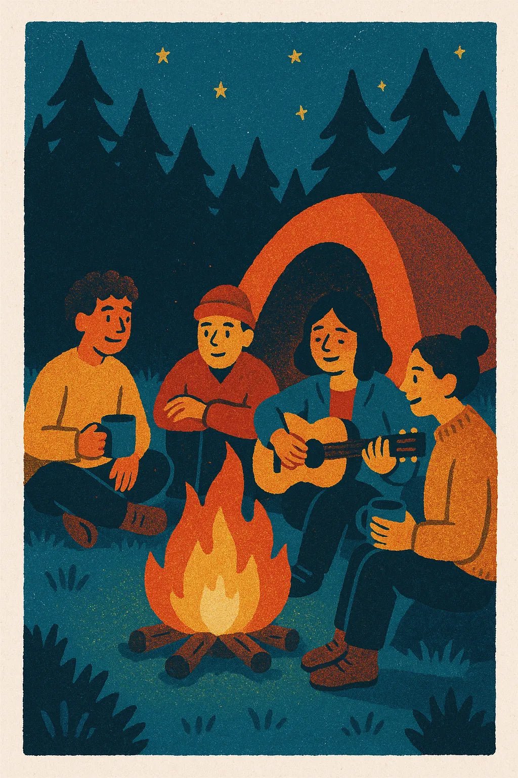 Example output from the Triadic Risograph Full Scenes ChatGPT prompt: Camping