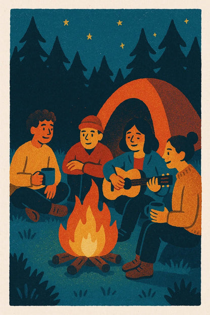 Example output from the Triadic Risograph Full Scenes ChatGPT prompt: Camping