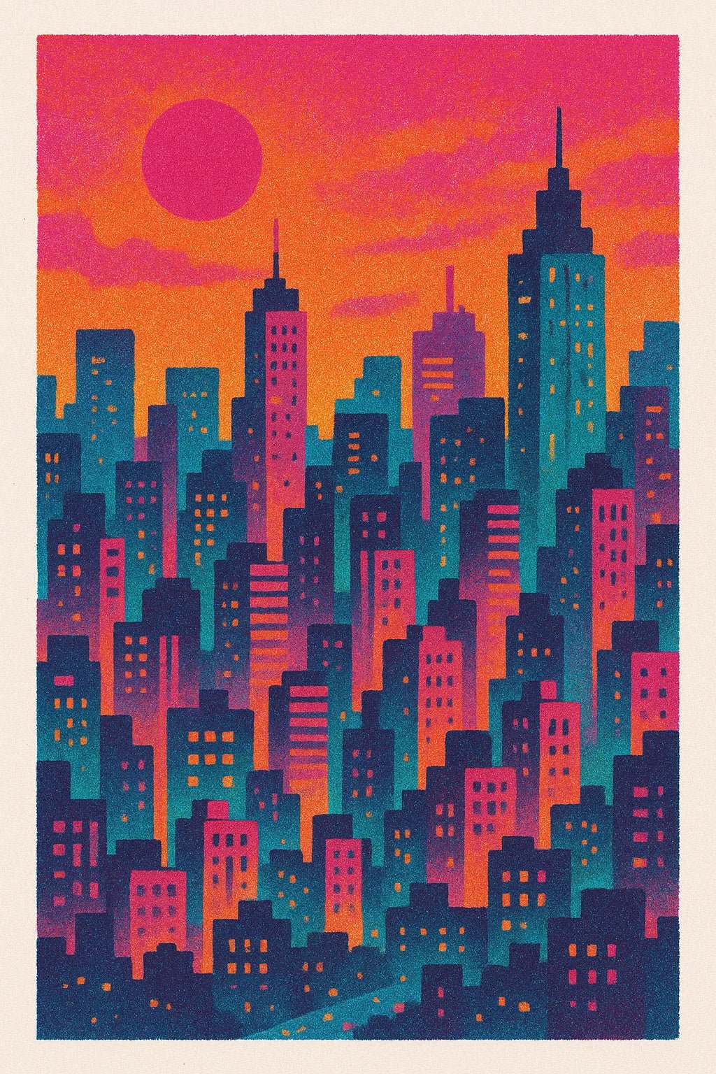 Example output from the Triadic Risograph Full Scenes ChatGPT prompt: City Skyline