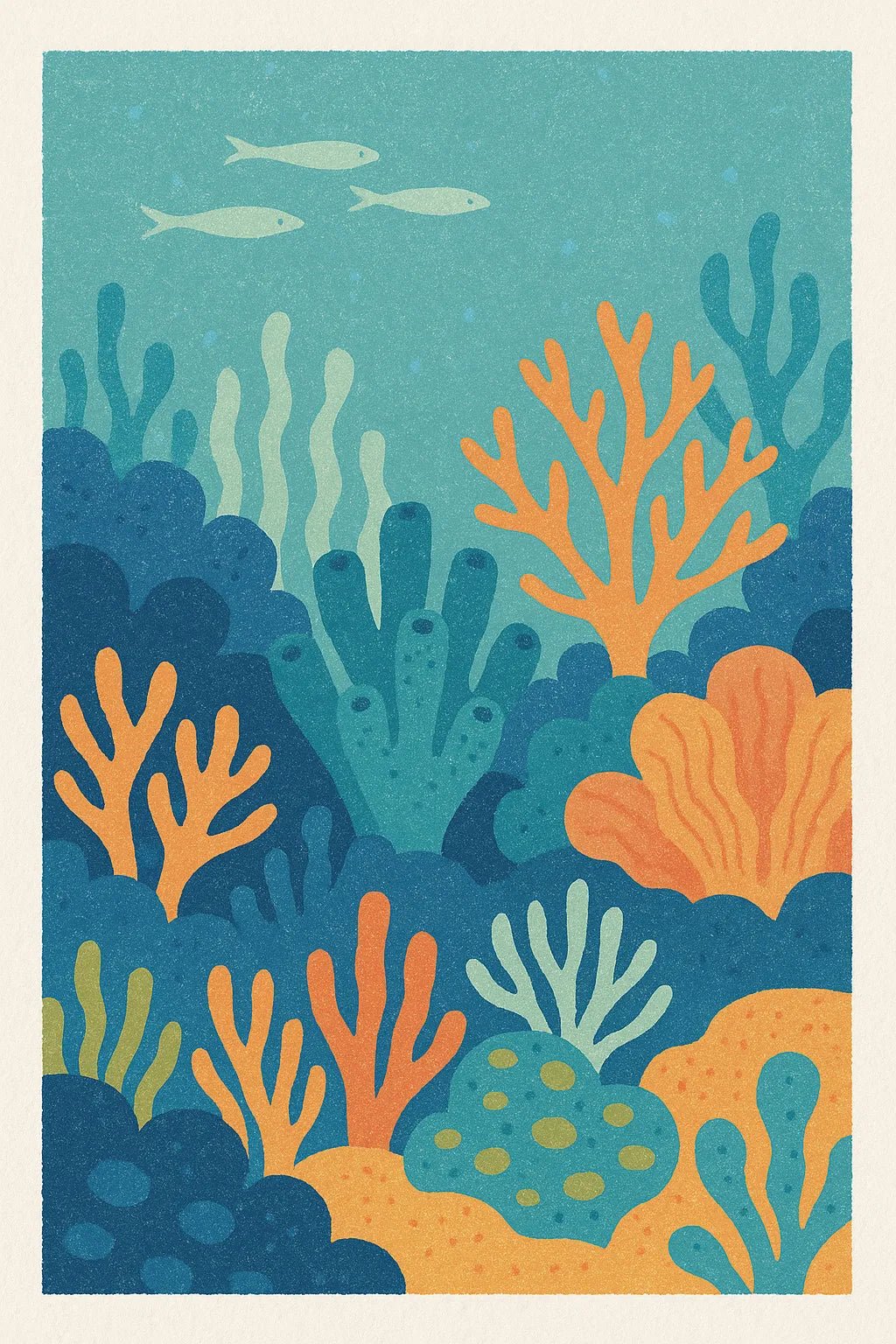 Example output from the Triadic Risograph Full Scenes ChatGPT prompt: Coral Reef