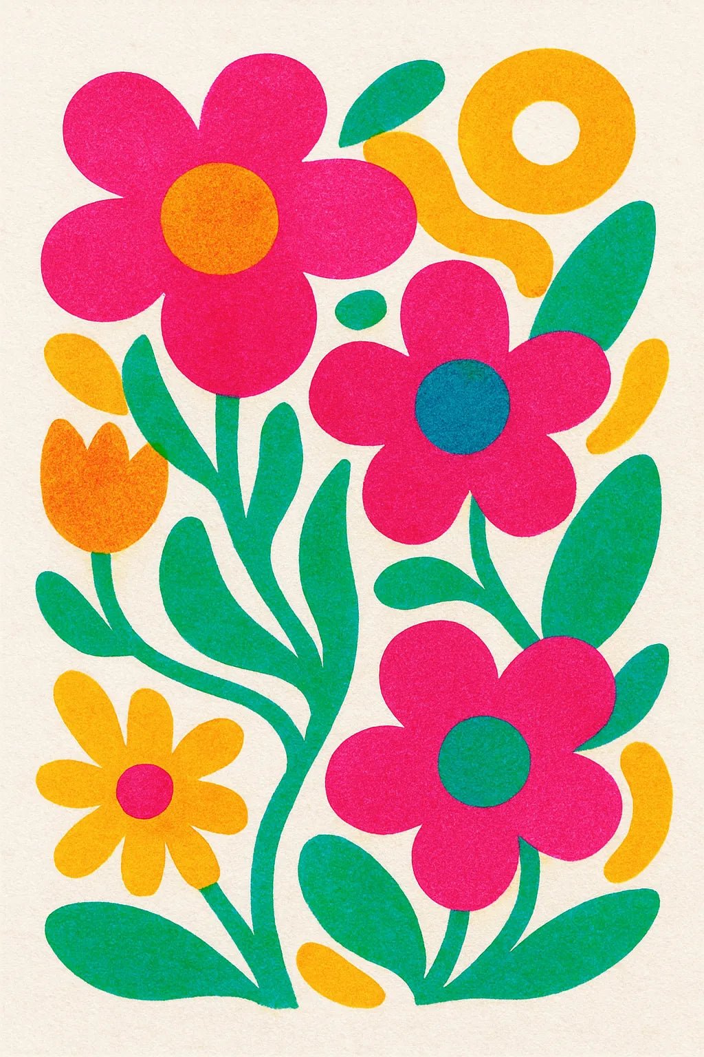 Example output from the Triadic Risograph Full Scenes ChatGPT prompt: Floral