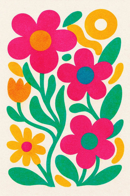 Example output from the Triadic Risograph Full Scenes ChatGPT prompt: Floral