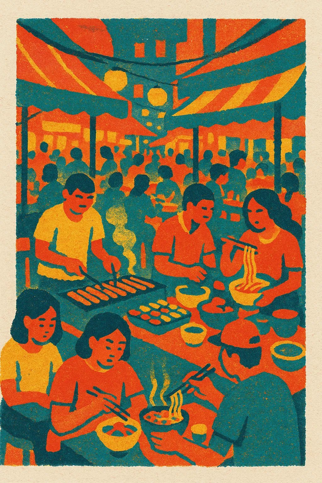 Example output from the Triadic Risograph Full Scenes ChatGPT prompt: Food Market