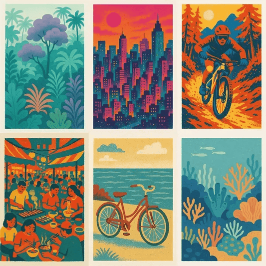 Example output from the Triadic Risograph Full Scenes ChatGPT prompt: vibrant hand-drawn posters depicting full scenes, featuring retro-style risograph textures, triadic color palettes, and mood-driven subject matter on white paper.