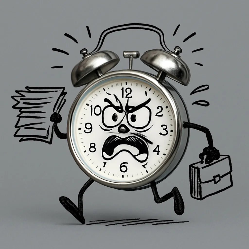 Example output from the Turn Any Products Into Cartoons ChatGPT prompt: fun product-based characters illustrated with black doodle limbs, expressive poses, and clean flat-color backdrops—perfect for stickers and branding. Alarm Clock.