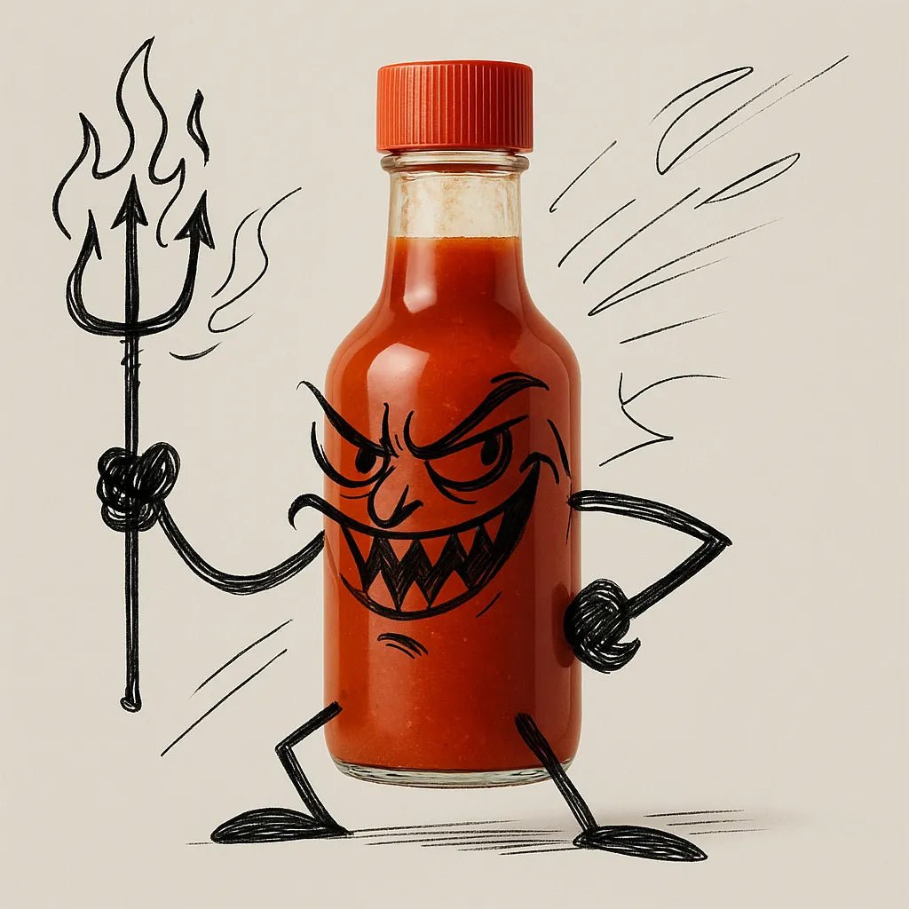 Example output from the Turn Any Products Into Cartoons ChatGPT prompt: fun product-based characters illustrated with black doodle limbs, expressive poses, and clean flat-color backdrops—perfect for stickers and branding. Hot Sauce Bottle.