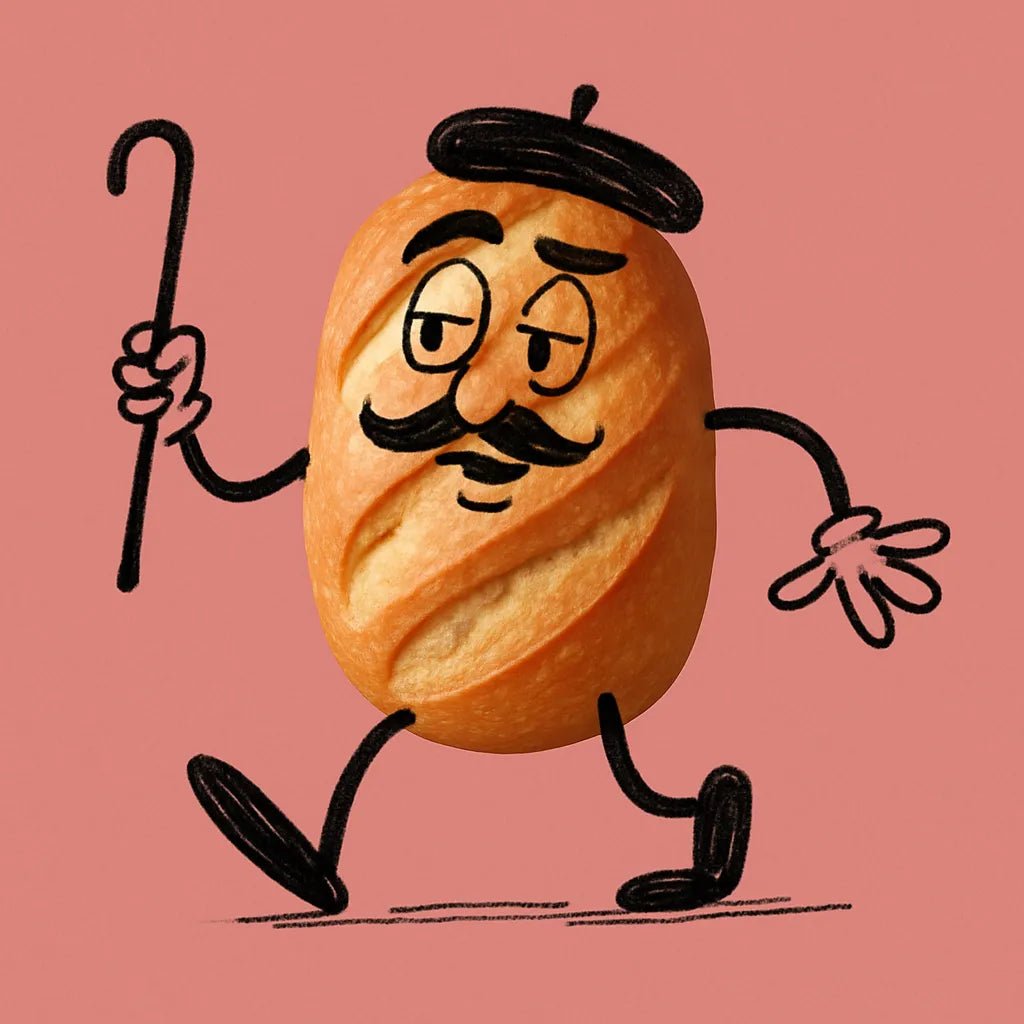 Example output from the Turn Any Products Into Cartoons ChatGPT prompt: fun product-based characters illustrated with black doodle limbs, expressive poses, and clean flat-color backdrops—perfect for stickers and branding. Bread.